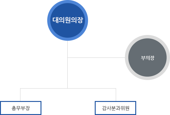 대의원의장밑에 부의장밑에 총무부장, 감사분과위원이 있음